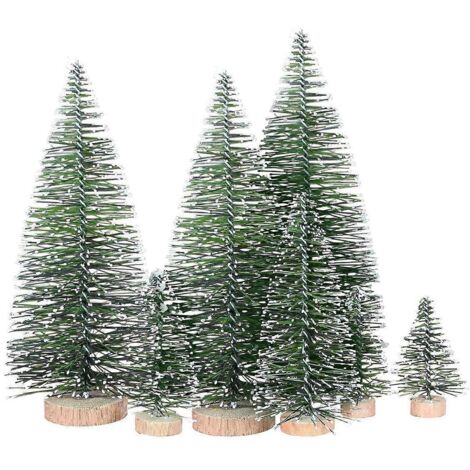 Lot de 25 sapins de Noël artificiels miniatures, 5 tailles différentes, avec socle en bois.
