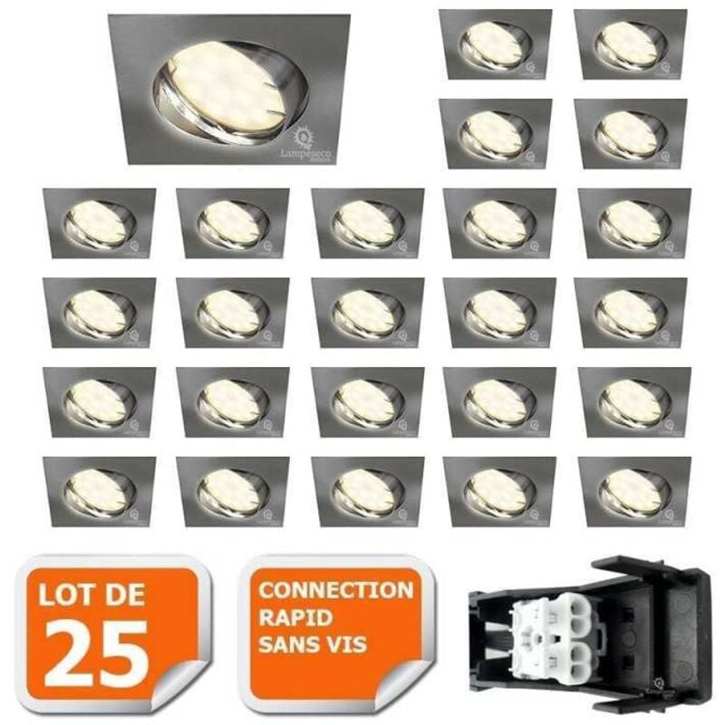 Lampesecoenergie - Lot de 25 spot encastrable orientable led carré alu brossé GU10 230V eq. 50W blanc neutre