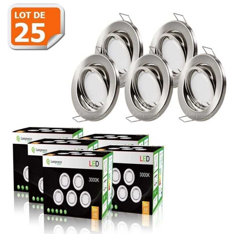 Lot de 25 spot led encastrable orientable alu brossé avec ampoule gu10 230v eq. 50w, blanc chaud