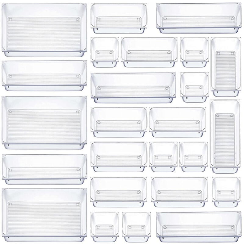 Sinbinta - Lot de 25 systèmes de rangement de tiroirs, avec 4 tailles de boîtes de rangement en plastique, organiseur de maquillage transparent