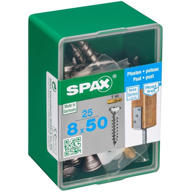 Vis de poteaux, 8 x 50 mm, 25 unités, Filetage total, Tête centrante, t-star plus T40, Pointe cut, Acier inoxydable inoxydable A1 - 4357189800504