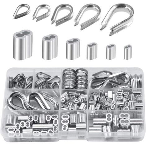 Lot de 250 cosses de câble métallique en aluminium de 6 tailles différentes - Assortiment de manchons à double barillet et 5 cosses de taille pour câble métallique