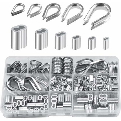 Lot de 250 cosses de câble métallique en aluminium de 6 tailles différentes - Assortiment de manchons à double barillet et 5 cosses de taille pour câble métallique