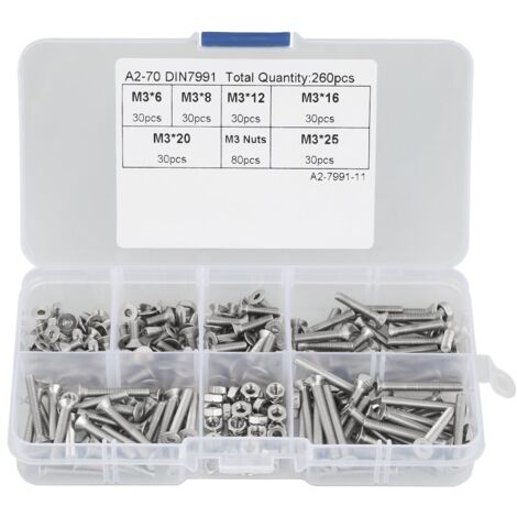 Lot de 260 Boulons à Tête Plate M3 en Acier Inoxydable 304 avec Boîte