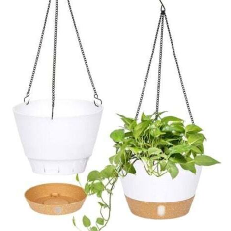 Lot de 2(Blanc) jardinières suspendues, 25.4 cm de diamètre pour l'intérieur et l'extérieur, Pot de Fleurs Suspendu avec Trou de Drainage et 3 Crochets pour Le Jardin et la Maison