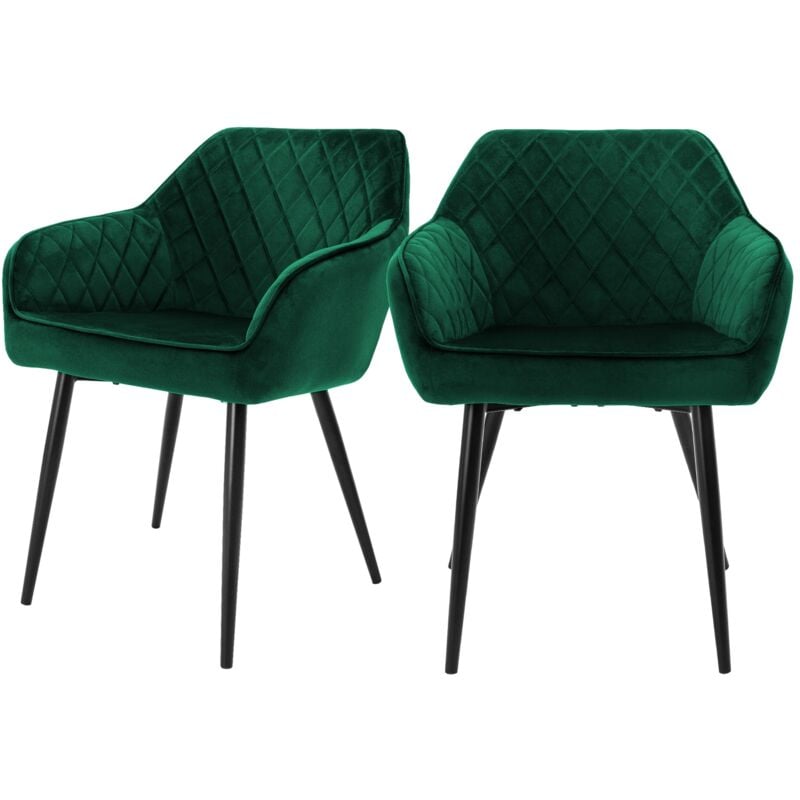 ML-Design Lot 2x Chaises de Salle à Manger - Vert Foncé - Style Rétro - Dossier/Accoudoirs Rembourrée Aspect Velours - Pieds en Métal Noir - Chaise