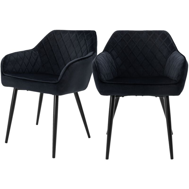 Ml-design - Lot 2x Chaises de Salle à Manger - Noir - Style Rétro - Dossier/Accoudoirs Rembourrée Aspect Velours - Pieds en Métal Noir - Chaise