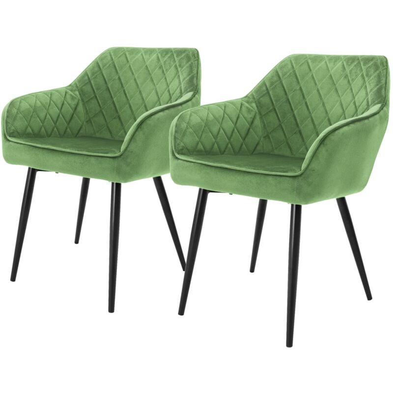 Ml-design - Lot 2x Chaises de Salle à Manger - Vert (Sauge) - Style Moderne - Dossier/Accoudoirs Rembourrée Aspect Velours - Pieds en Métal Noir