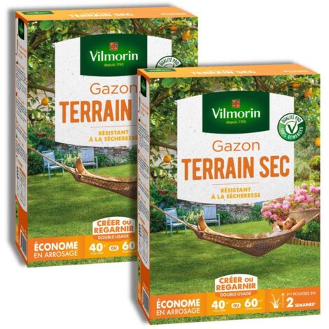 Lot de 2x1kg Gazon Terrain Sec Vilmorin  Anti-Sécheresse Tétraploïde 4N (80-120m²)