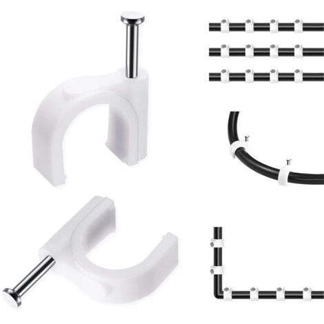 Lot de 3 × 100 colliers de serrage avec clous ronds pour câbles électriques, diamètre 8 mm, fixation murale, blanc