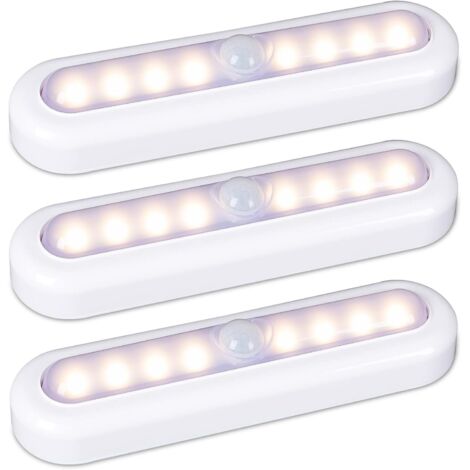 Lot de 3 18cm lampes à détecteur de mouvement pour l’intérieur, à coller, fonctionnement à piles, lumière LED sans fil pour armoire, escaliers, placard, cuisine, blanc chaud