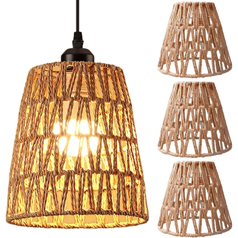 Lot de 3 abat-jours en rotin style bohème - Petit modèle E27 - Tressé à la main - Plafonnier pour salon, salle à manger, café - Panier vintage