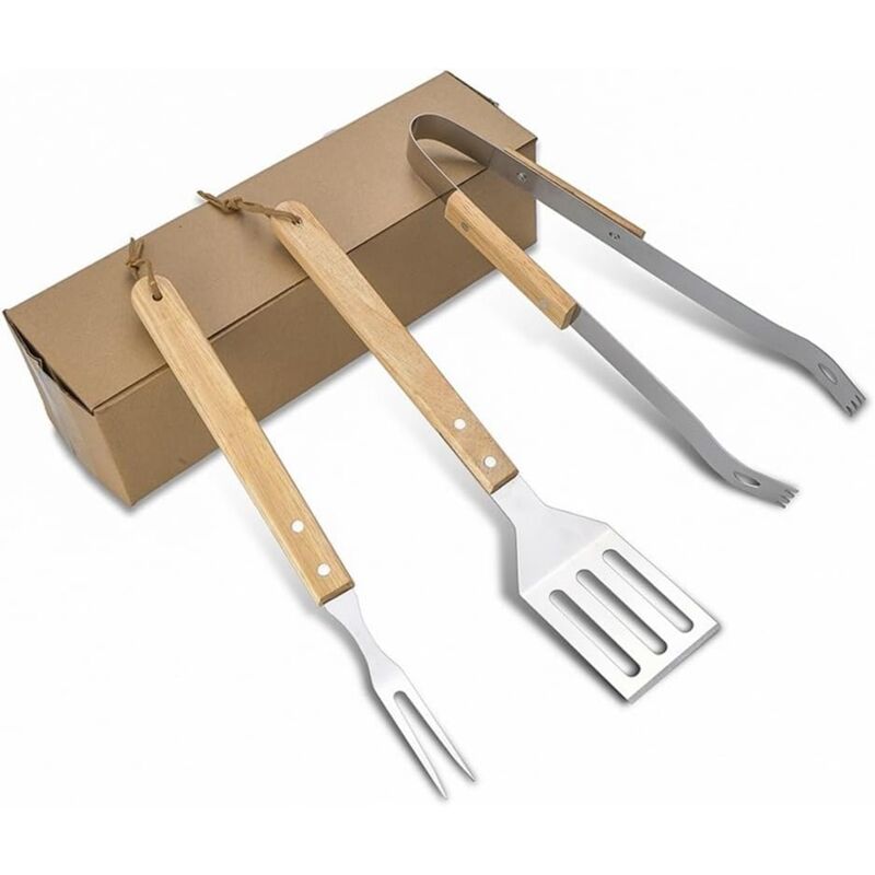Lot de 3 accessoires de barbecue avec manche en bois, pelle, barbecue, pince pour barbecue domestique, outils de barbecue pour l'extérieur