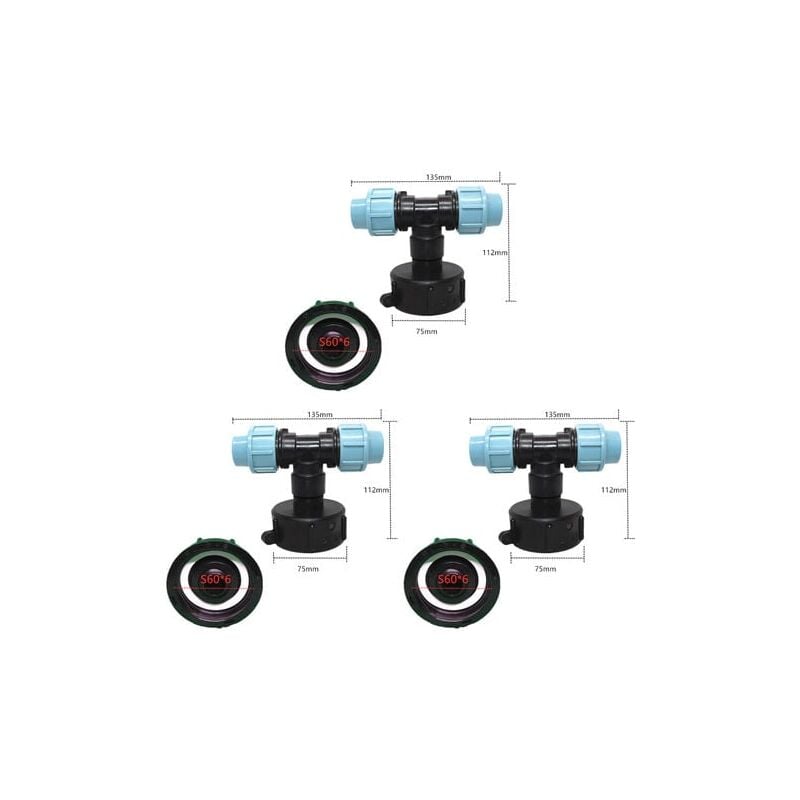 SNQ - Lot de 3 Adaptateur de réservoir ibc S60 x 6 - Raccord en t pour raccord de tuyau d'eau - Sortie en t (sortie en té 20mm)