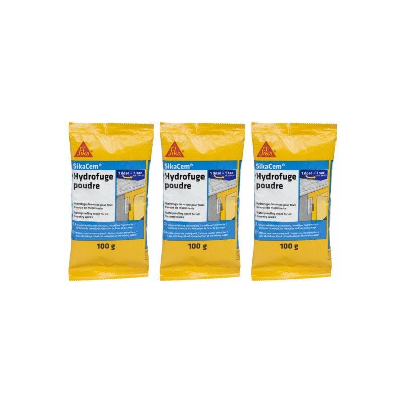 Lot de 3 additifs imperméabilisants béton et mortier Sika Sika Cem Hydrofuge Poudre - 100g