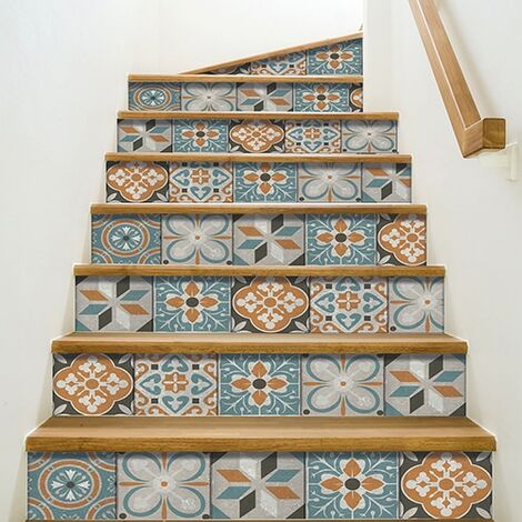 Lot de 3 Adhésifs Autocollants Contremarche Carreaux Ciment Orange 19,5x100cm, Effet Vrai Ciment. Décorez votre intérieur avec style et authenticité. - Multicouleur