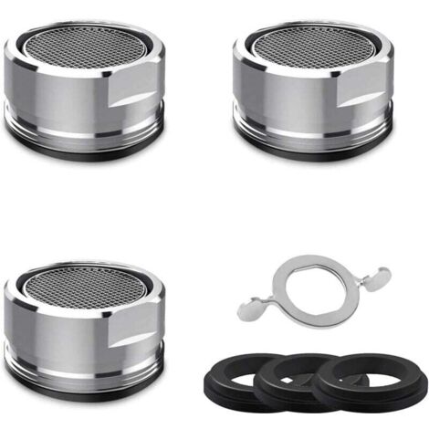 Lot de 3 aérateurs de robinet M24 en acier inoxydable, pour salle de bain et cuisine. Comprend 4 rondelles et 1 clé à robinet.