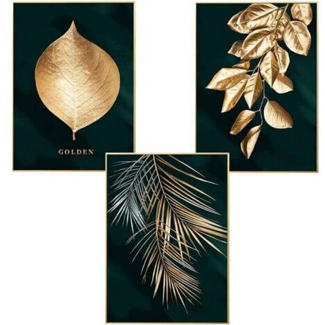Lot de 3 affiches murales design avec motifs forêt, feuille dorées, palme, sans cadre, décoration murale pour le salon