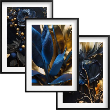 Lot de 3 affiches murales pour le salon. Décoration murale : fleurs dorées et bleues.