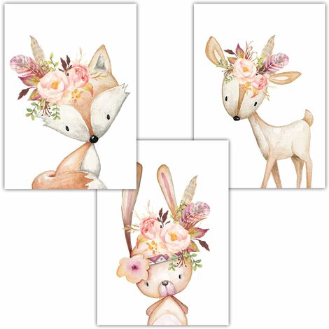Lot de 3 affiches pour chambre d'enfant/bébé Format Décoration pour garçon et fille animaux de la forêt chevreuil renard lièvre Lefou