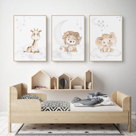 Lot de 3 affiches pour chambre d'enfant - lapin, girafe, lion, éléphant, lune, étoiles et autres animaux - décoration chambre d'enfant - sans cadre - imprimé animal - convient aux garçons et aux fille