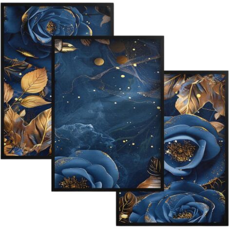 Lot de 3 affiches pour le mur du salon. Décoration murale : Fleurs dorées et bleu marine.