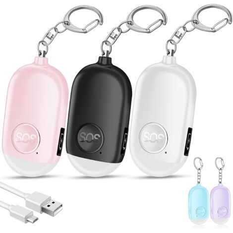 Lot de 3 alarmes de sécurité personnelle pour femme, porte-clés d'autodéfense rechargeables de 130 dB avec lampe de poche LED, alarme de sécurité sonore d'urgence pour enfants et personnes âgées