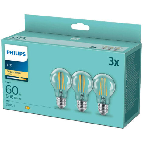 Lot de 3 ampoules LED à filament 7W A60 E27 2700K chaud CL ND3PFDisc Philips