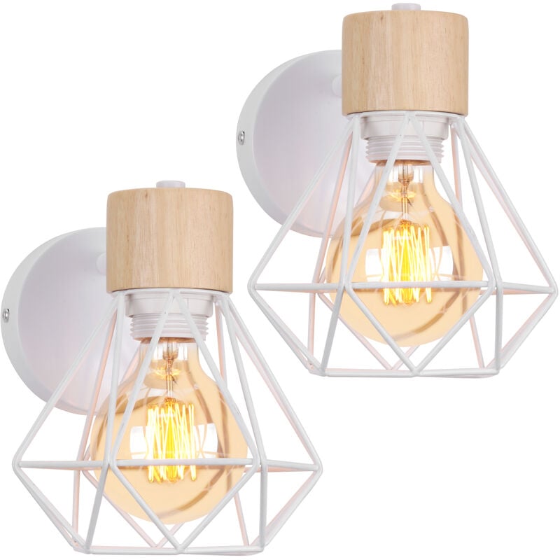 Axhup - Applique Mural Vintage Industrielle E27 Lampe de Mur Luminaire Ajustable en Métal et Bois Blanc - 2PCS