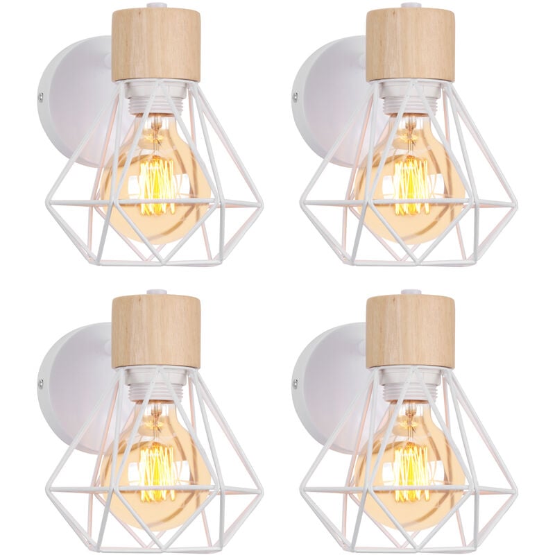 Applique Mural Vintage Industrielle E27 Lampe de Mur Luminaire Ajustable en Métal et Bois Blanc - 4PCS