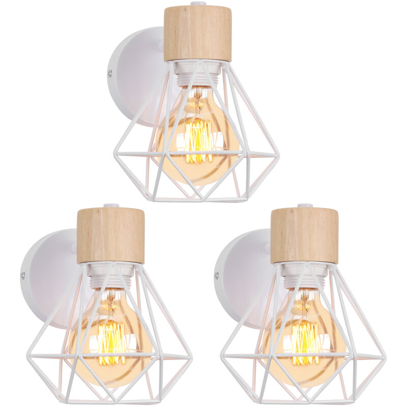 Applique Mural Vintage Industrielle E27 Lampe de Mur Luminaire Ajustable en Métal et Bois Blanc - 3PCS