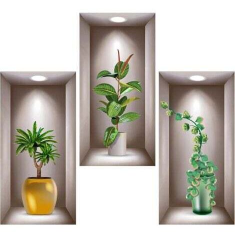 Lot de 3 autocollants muraux 3D en vinyle 3D pour salon, vases, plantes vertes - Pour chambre à coucher, bureau, cuisine - 40 x 20 cm
