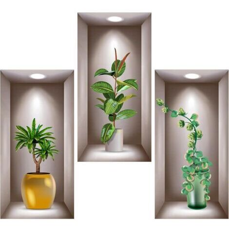 Lot de 3 autocollants muraux 3D en vinyle 3D pour salon, vases, plantes vertes - Pour chambre à coucher, bureau, cuisine - 40 x 20 cm