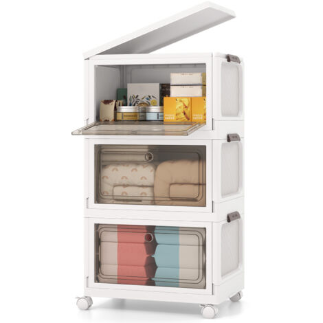 Lot de 3 Bacs de Rangement Empilables, Boîtes de Rangement Pliables de 105 L avec Roues, Porte, Couvercle, Conteneur en Plastique Pliable