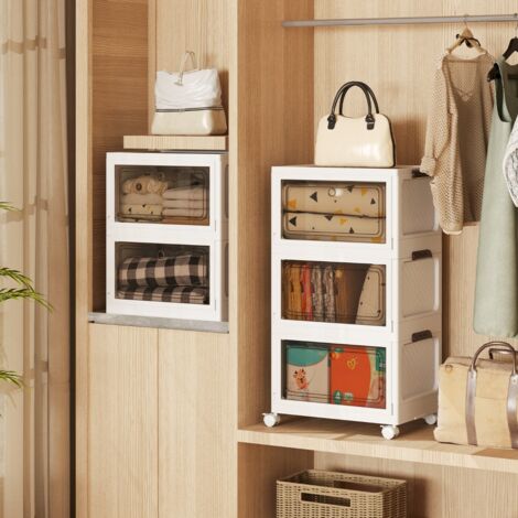 Lot de 3 Bacs de Rangement Empilables Boîtes de Rangement Pliables de 105L avec Roues Porte Couvercle Conteneur en Plastique Pliable Blanc