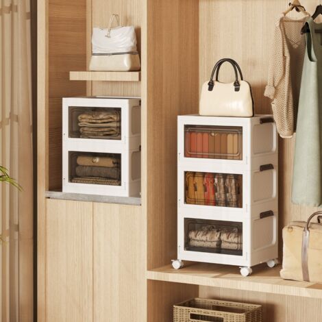 Lot de 3 Bacs de Rangement Empilables Boîtes de Rangement Pliables de 75L avec Roues Porte Couvercle Conteneur en Plastique Pliable Blanc