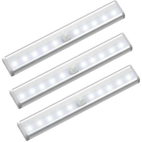 Lot de 3 bandes lumineuses LED sans fil à détecteur de mouvement, adhésives, 10 LED, fonctionne sur piles, s'allume et s'éteint automatiquement,veilleuse