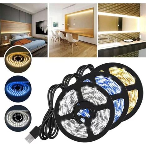 Lot de 3 bandes lumineuses USB 120 LED blanc chaud, blanc et bleu, 2 m, pour décoration de Noël, éclairage d'armoire, chambre, garde-robe, fête