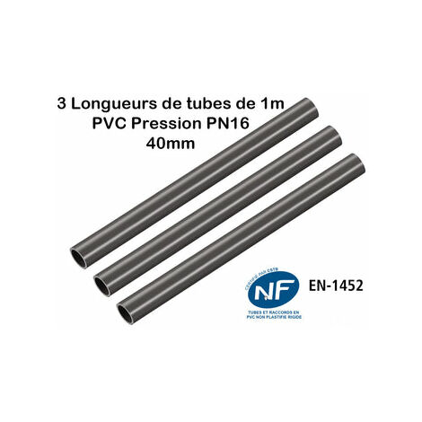 Lot de 3 Barres Tuyau Rigide Tube PVC Pression PN16 40mm : Longueur 1m