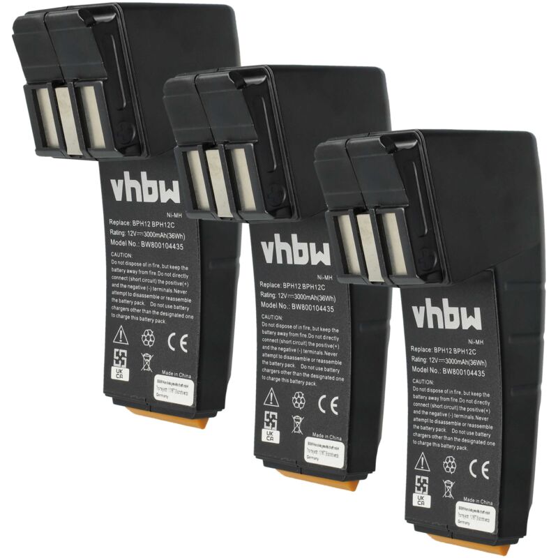 Vhbw - 3x Batterie compatible avec Festo / Festool CCD12, C12GG, C12DUO, C12CE-NC-C45-Plus, CCD12ES outil électrique (3000 mAh, NiMH, 12 v)