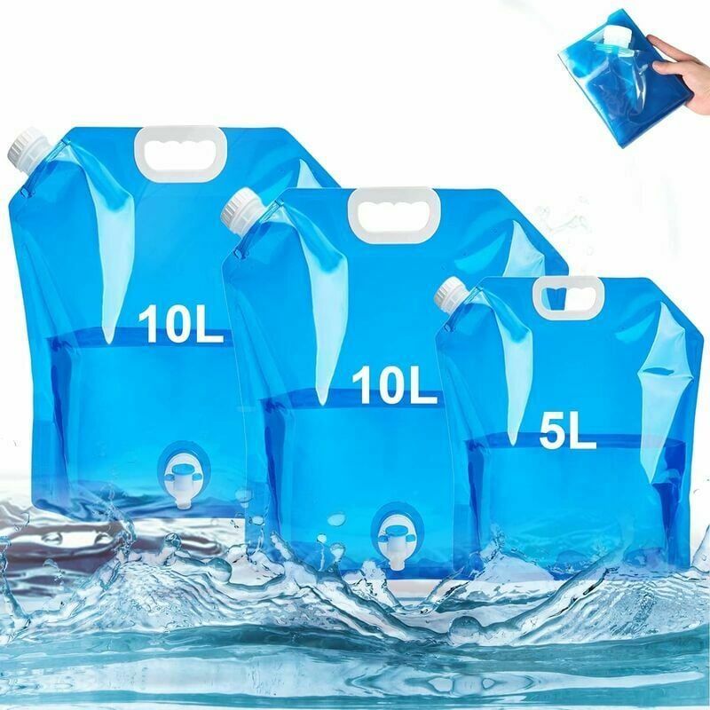 Linghhang - Lot de 3 (bleu) bidons d'eau pliables avec robinet 2 x 10 l + 1 x 5 l bidon d'eau potable portable sans bpa bidon d'eau pliable pour