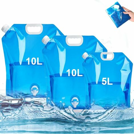 Lot de 3 bidons d'eau pliables avec robinet, 2 x 10 L + 1 x 5 L, réservoir d'eau potable portable, sans BPA, pour camping, barbecue, pique-nique, voyage en plein air (bleu)