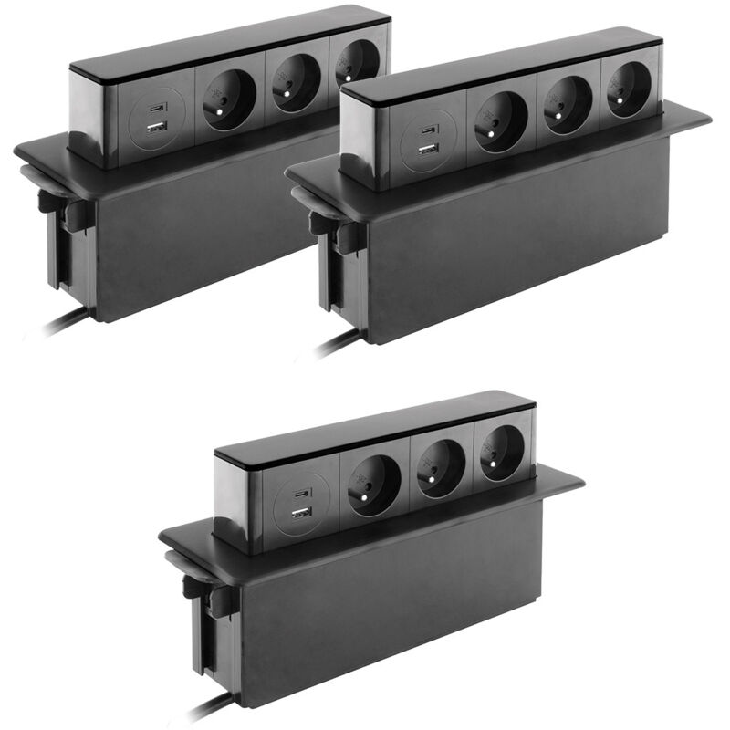 Lot de 3 blocs multiprises encastrables 3x 16A 2P+T avec 2 ports usb - Noir Otio