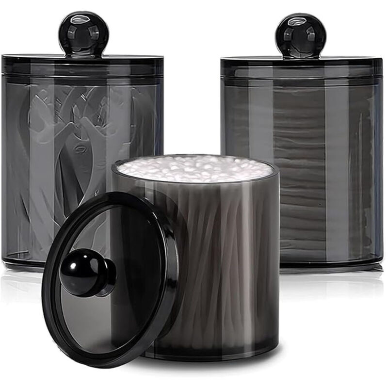 Lot de 3 Boite Coton Tige, Boîte de Rangement Transparent avec Couvercles, rangement coton distributeur coton tige pour Salle de Bain Chambre (Noir)