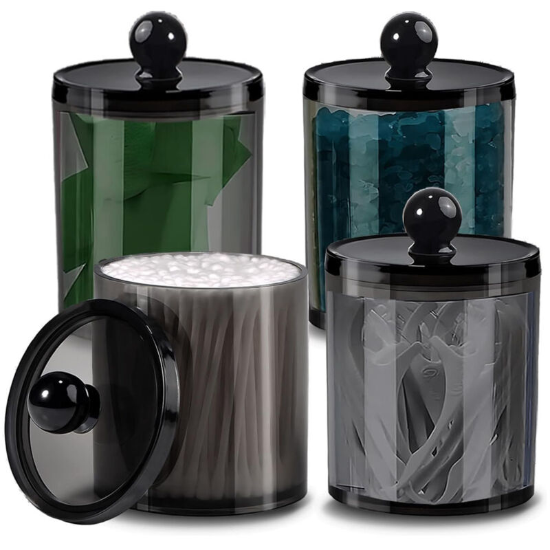 Lot de 4 Boite Coton Tige, Boîte de Rangement Transparent avec Couvercles, rangement coton distributeur coton tige pour Salle de Bain Chambre (Noir)