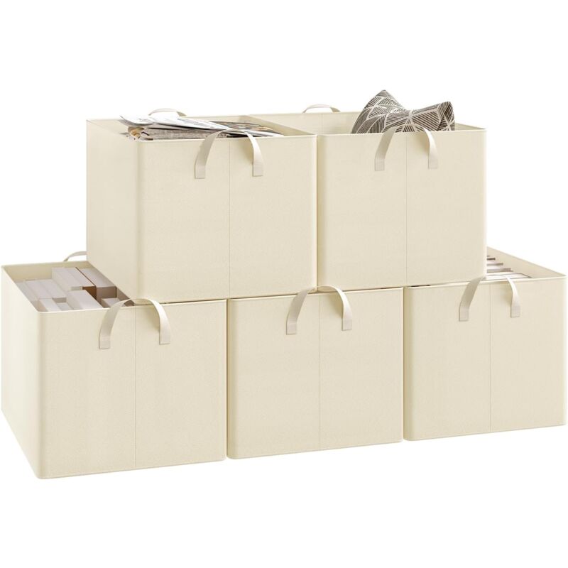 Woltu - Lot de 5 Boîtes de rangement en tissu, Cube de Rangement sans couvercle, avec poignée, Crème, 47x35x30 cm