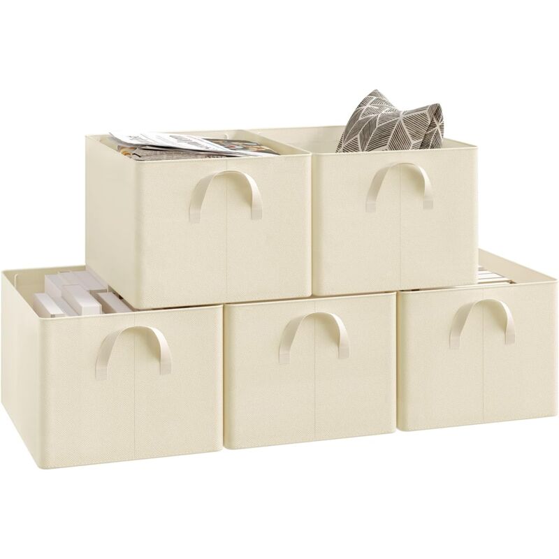 Woltu - Lot de 5 Boîtes de rangement en tissu, Cube de Rangement sans couvercle, avec poignée, Crème, 42x32x26 cm