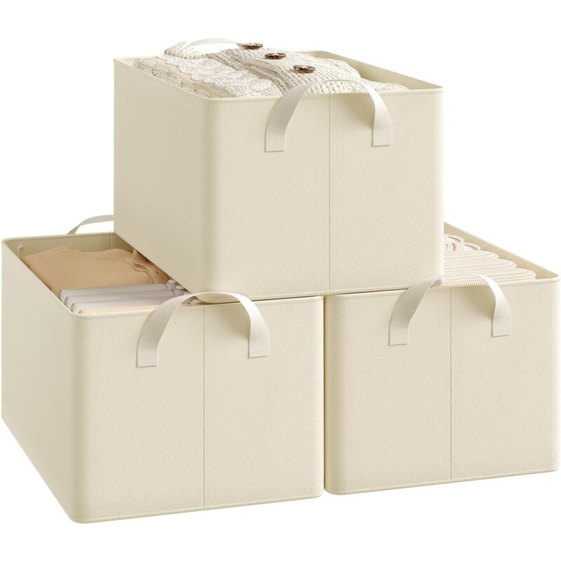 Woltu - Lot de 3 Boîtes de rangement en tissu, Cube de Rangement sans couvercle, avec poignée, Crème, 37,5x26x20 cm