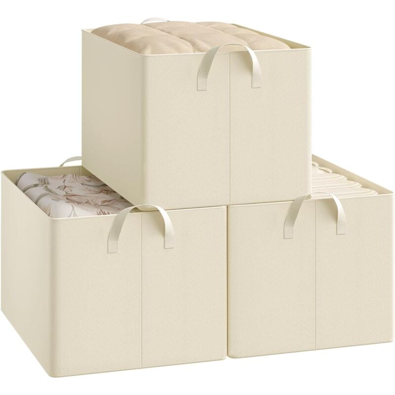 Woltu - Lot de 3 Boîtes de rangement en tissu, Cube de Rangement sans couvercle, avec poignée, Crème, 47x35x30 cm