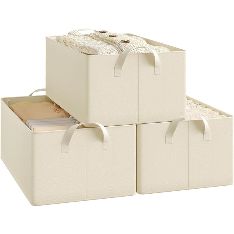 Woltu - Lot de 3 Boîtes de rangement en tissu, Cube de Rangement sans couvercle, avec poignée, Crème, 47x28x20 cm